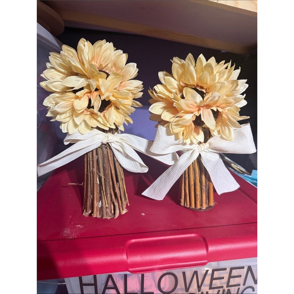 Set of 2 Artificial Sunflower Bouquets Rustic Farmhouse Fall Table Centerpiece